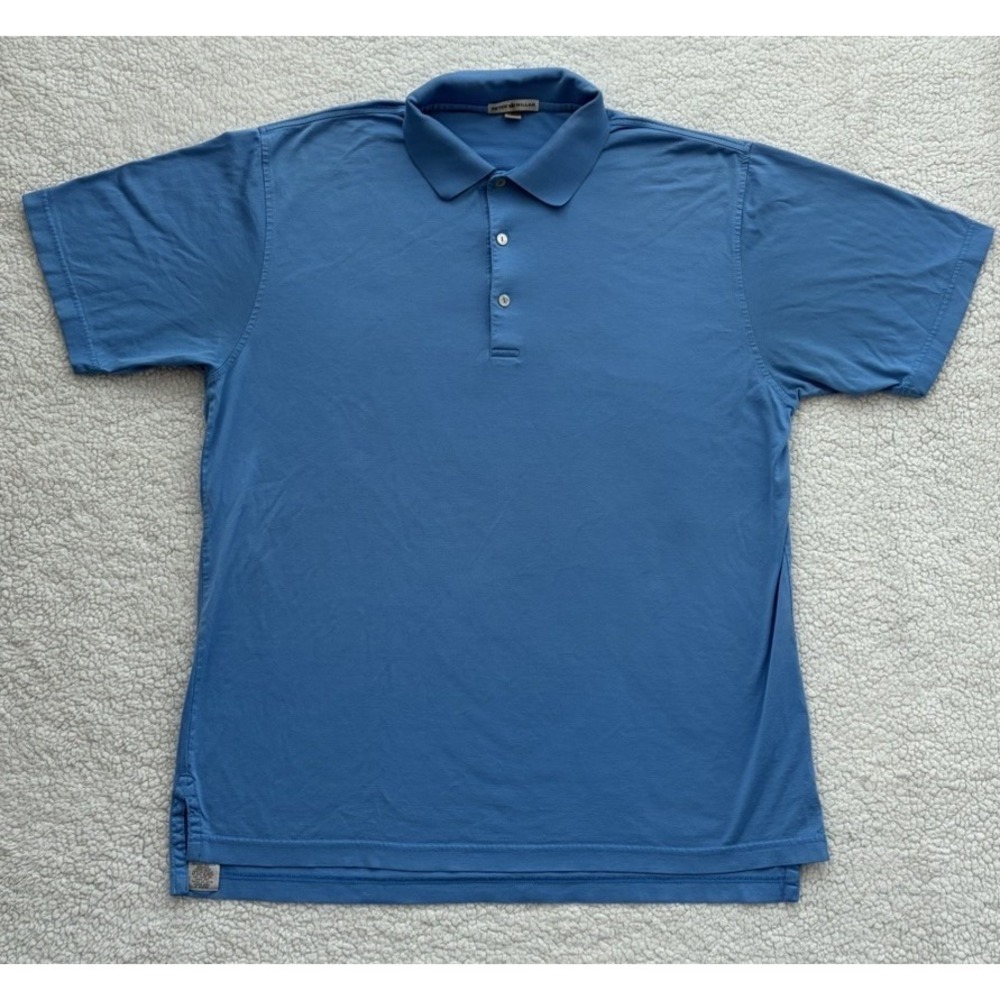 Mens Peter Millar Polo Shirt Blue Solid Pima Cotton Short Sleeve Casual Size L